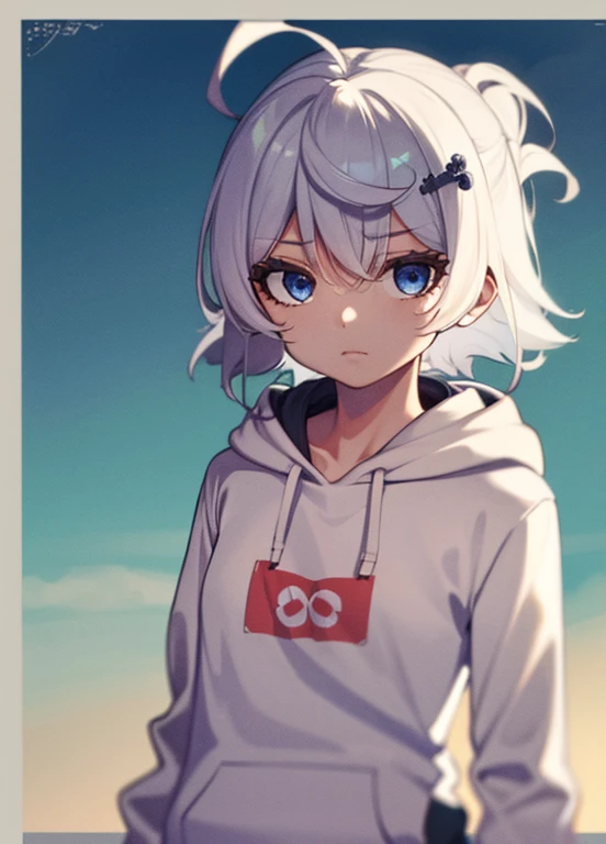 1girl, short white hair, white eyes, wearing a plain white shirt, hoodie, expressionless, high res, ultrasharp, 8K, masterpiece, looking at viewer