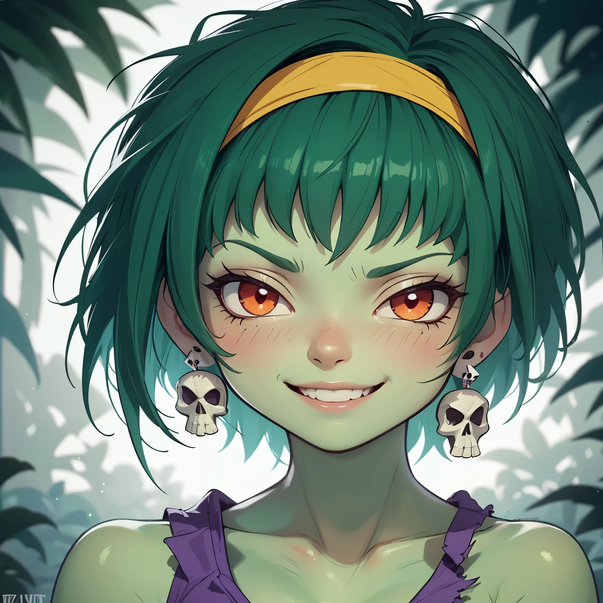 [rottytops], ((masterpiece)), ((HD)), ((high resolution)), ((detailed shading)), ((solo portrait)), ((waist up)), ((front view)), ((cartoon aesthetic)), ((beautiful rendering)), ((intricate details)), {(slim body), (green skin), (short green hair), (cute red eyes), (white reflection in eyes), (short eyelashes), (medium breasts), (curvy hips), (beautiful legs), (smug grin)}, {(purple torn tank top), (midriff), (navel), (dark blue ripped jean shorts), (yellow hairband), (skull earrings), (skull belt buckle)}, {(Standing), (hands on hips), (looking at viewer)}, [ambient lighting, dark forest, moonlight]