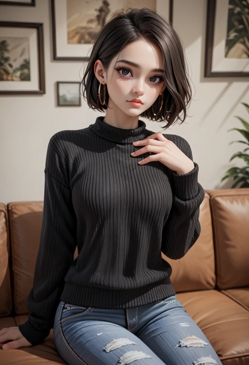 Best quality, 8k, 32k, perfect body, ultra detailed face, detailed eyes, detailed black eyelashes, beautiful face, asymmetrical bob hair, detailed white skin, looking forward, detail black eyes, gentle sitting pose, wearing a black sweater and black jeans, sexy lips, wearing black hoop earrings