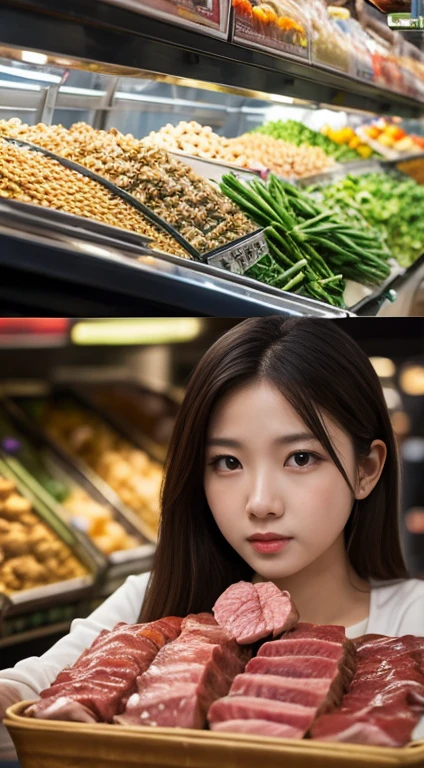  top quality ,   Masterpiece  , 8k,  Ultra High Definition, ( photorealistic : 1.4),  1 girl,   beautiful face,  vegetables、meat、fish、beans、cereals、 Symmetry Eyes , big, perfect body proportions,Market uniform, The viewer&#39;s gaze, (In-flight: 1.2), Front View, Shoulder jump,  absolute domain (1.3),plump boobs、plump boobs、( putting lotion dildos in my vagina orgasm :1.5),  bare shoulders,Beautiful full body pose、