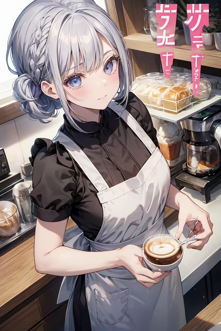 short hair,Uniform hair length,Hair color: Ash gray,The ends of my hair are curly,Barista,mode,Black long sleeve V-neck dress,Cool Beauty,Woman in her 30s,A slight smile on your lips,A mole under the left lip,Stylish cafe,Arched, kind-looking thin eyebrows,1 female,Having a Coffee Pot,highest quality,Her bangs are angled to hide her forehead,One silver bracelet on the right wrist,coffee,Simple clothing,Espresso machine in the background,Red lipstick,delicate