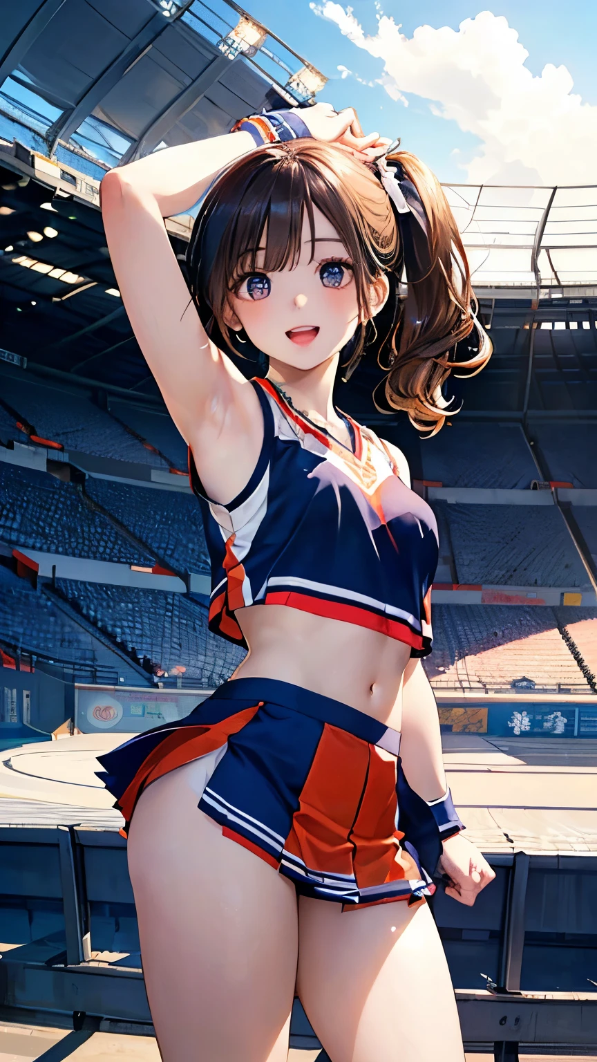 Absurd, Super detailedな,(In 8K:1.3),Masseter muscle area,(masterpiece:1.2)、(Highest quality)、4K、Super detailed、(Movement Structure:1.4)、(Shining Lights、Atmosphere lighting), High resolution, Best Quality、(One girl:1.4),Super detailedな,Bright colors、Treebreak Production Art、(Warm color light source:1.2),High-level image quality、Fine image quality、Intricate details,Volumetric Lighting,Realism BREAK、Profile、 Idol face、、Very beautiful face and eyes, Beautiful images、natural make up、 big eyes, (Big Tits:1.2)、(Breast bag:1.2)、(glossy skin :1.5)、(Baby Face:1.5)、 (standing , raise one leg/leg up:1.5)、Plump thighs、 (Stadium:1.2) 、(brown hair,a short bob:1.2)、 (((wearing cheerleader costume)))、light smile