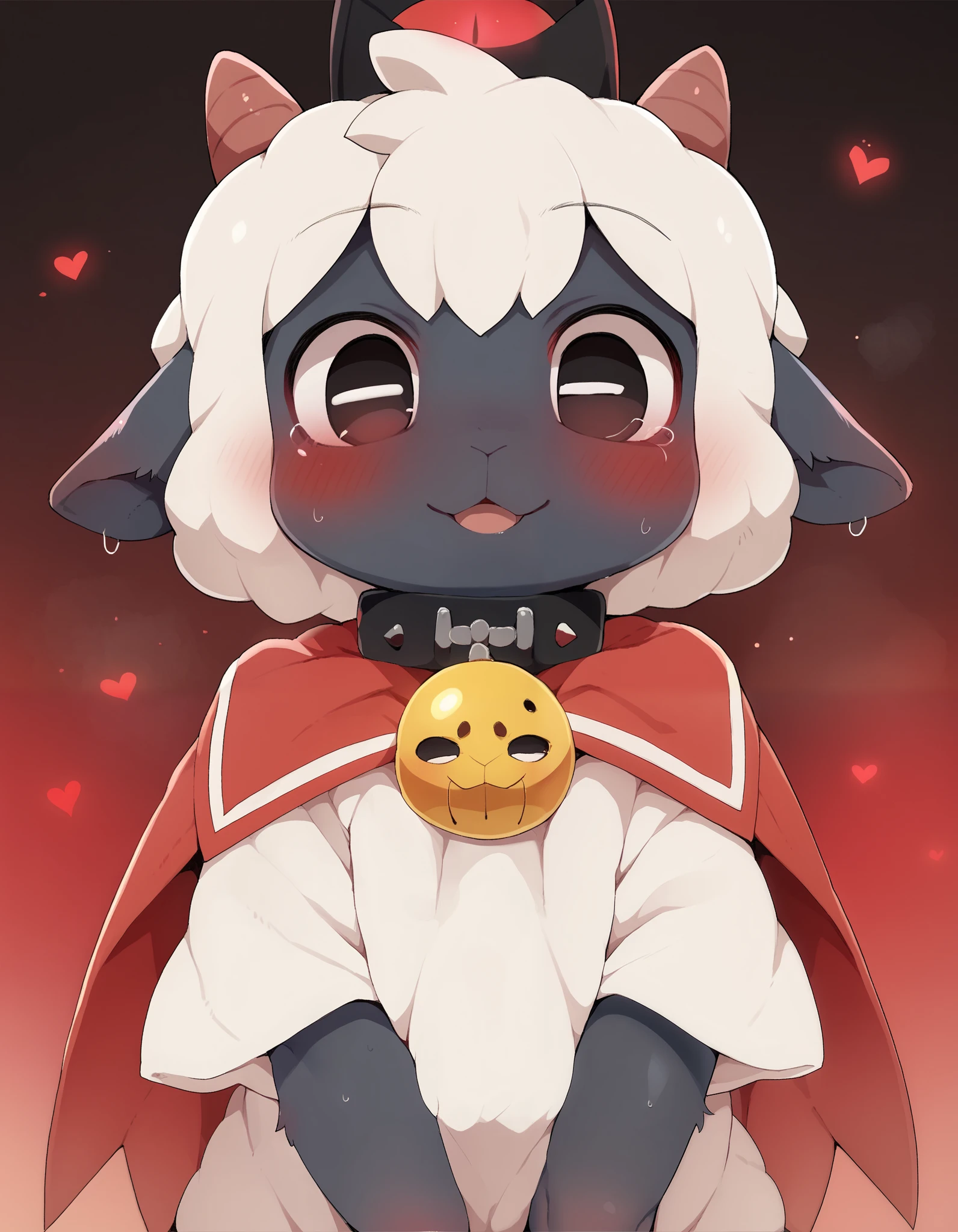 solo, dagasi_style, Dagashi_(Daga2626), score_9,score_8_up, score_7_up, 1girl,solo, cult of the lamb, sheep girl, collar, horizontal pupils, red/black eyes, red crown,
