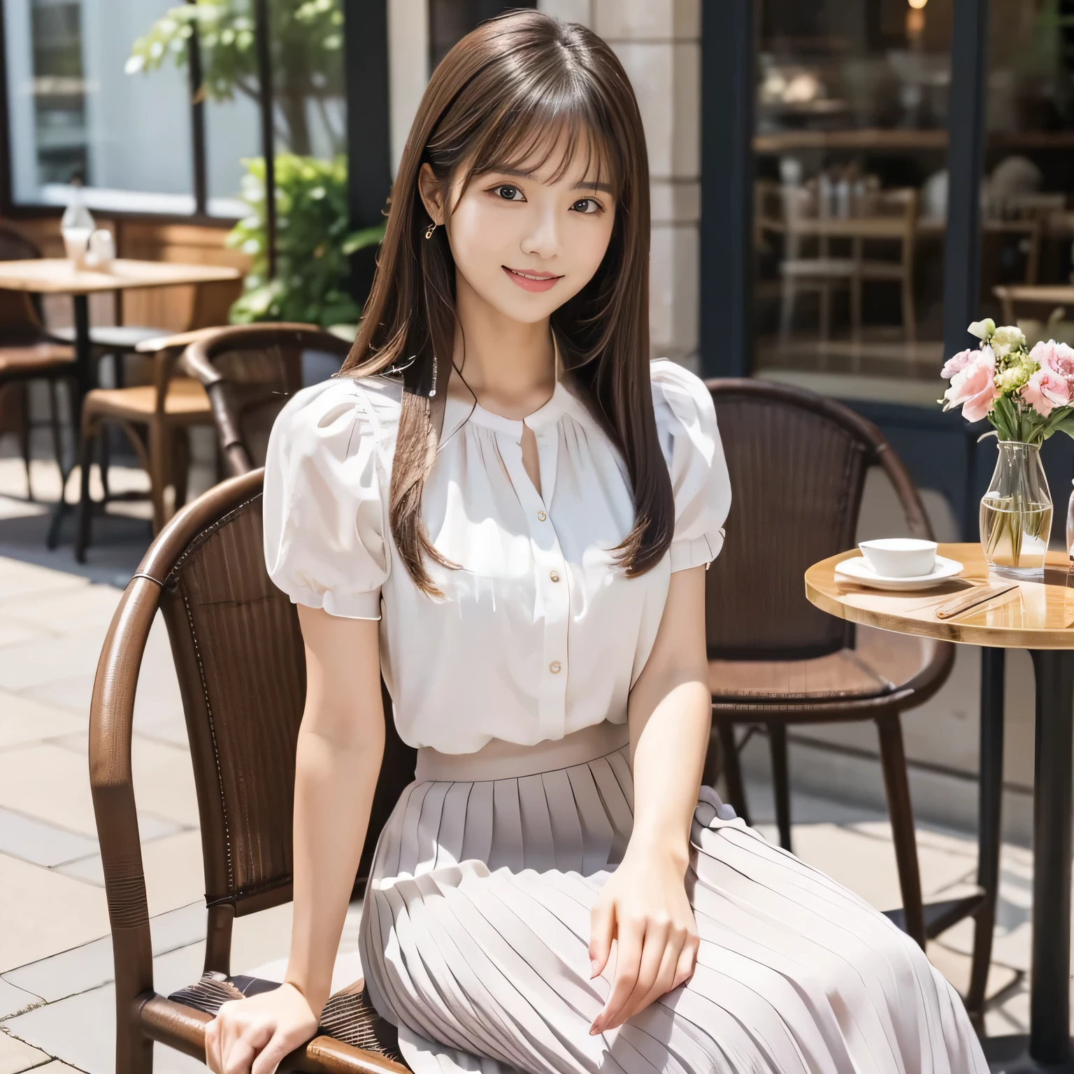 (Calm and gentle expression:1.0), ( full body shot:1.3), ( Panorama :1.0), movie lighting, (( best quality)), ( RAW photos , best quality), ( realistic :1.4), realism, masterpiece, so delicate and beautiful, very detailed, 4k wallpaper, Stunning , finely, very detailed CG unity 8k wallpaper, very detailed, high definition , soft light,
Japanese, (one shot:1.9),
(22 years old:1.6), (Round face:1.2), (Fat:0.8), (A very neat woman, A very pure woman:1.5),
Beautifully Detailed Woman , with famous Japanese actresses , detailed face , finelyて美しい目, very detailedな目と顔, Beautiful Eyes and Beautifully Detailed Nose, lots of cute frills ,
( straight hair:1.4), shiny hair, Shiny Hair, Brown Hair, (bangs:1.4),
toned body,
( smiling:1.4), Glossy and moisturized lips, natural makeup,
(LET IT GO, white, elegant short sleeve chiffon blouse :1.3), (LET IT GO, Kinari, pleated skirt:1.3), ( Long Skirt :1.7), (pumps:1.5), body line ,
(bustling street, Enjoying afternoon tea while sitting on a chair in an open cafe:1.6),