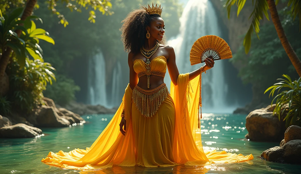 "A radiant and elegant depiction of Oxum, the Yoruba orixá of fresh water, fertility, love, and beauty. She is portrayed as a beautiful African woman, dressed in flowing yellow and gold robes adorned with intricate jewelry, symbolizing wealth and prosperity. Oxum is shown holding a fan and a mirror, reflecting her association with beauty and self-reflection. The background features a lush riverbank with cascading waterfalls and blooming flowers, representing her dominion over fresh waters. The scene is filled with warmth and light, capturing her nurturing and loving essence."
