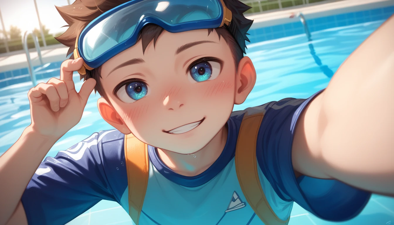 Two handsome cute kiid  boy 5yr,kiidnap,delicious expression,blush,messy short hair,from front,in public pool,kiid face,wearing pants swimming,wearing swimming goggles,selfie in pool,fullbody,HD,4k,8k,dynamics lighting,perfect lighting,realistic