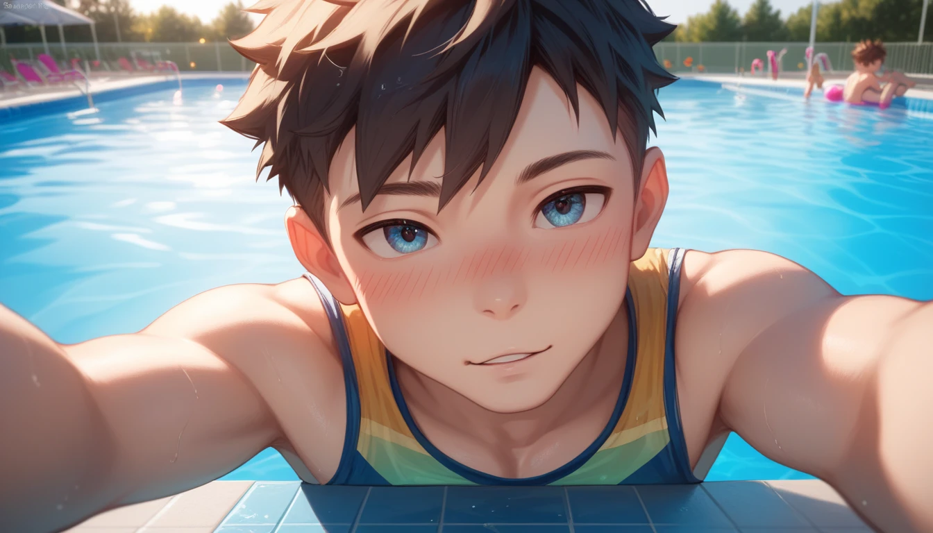 Two handsome cute kiid little young boy 5yr,kiidnap,delicious expression,blush,messy short hair,from front,watered,in public pool,kiid face,wearing clothes swimming,selfie in pool,fullbody,HD,4k,8k,dynamics lighting,perfect lighting,realistic