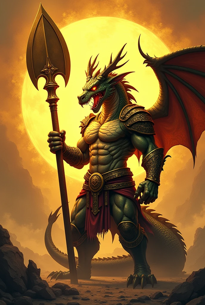 Make an image of a dragon-human hybrid with golden Capricorn armor,with the scalibur with the blessing of Athena and with dragon wings, with the color red