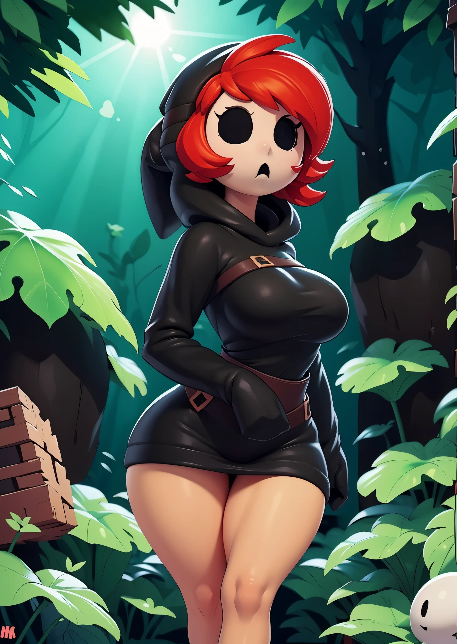 [shygal], ((masterpiece)), ((HD)), ((high resolution)), ((solo portrait)), ((waist up)), ((front view)), ((cartoon aesthetic)), ((beautiful rendering)), ((detailed shading)), ((intricate details)), {(attractive figure), (shy guy mask), (black eye holes), (mouth hole), (noseless), (short red hair), (curvy hips), (beautiful legs)}, {(black hoodie), (black skirt), (bare legs)}, {(standing)}, [ambient lighting, forest, sun rays]