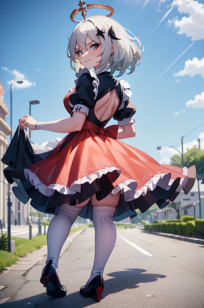 a solo shy femboy,sexy femboy , trap ,paimon gi,thighhigh, thighhighs, halo,medium butt , hair between eyes ,white hair,wearing a japan maid dress and black pantyhose ,wearing a maid shoes,red face ,embrassed ,smile,underbutt, annoyed, ass view, ass focus, standing in a city downtown at afternoon time