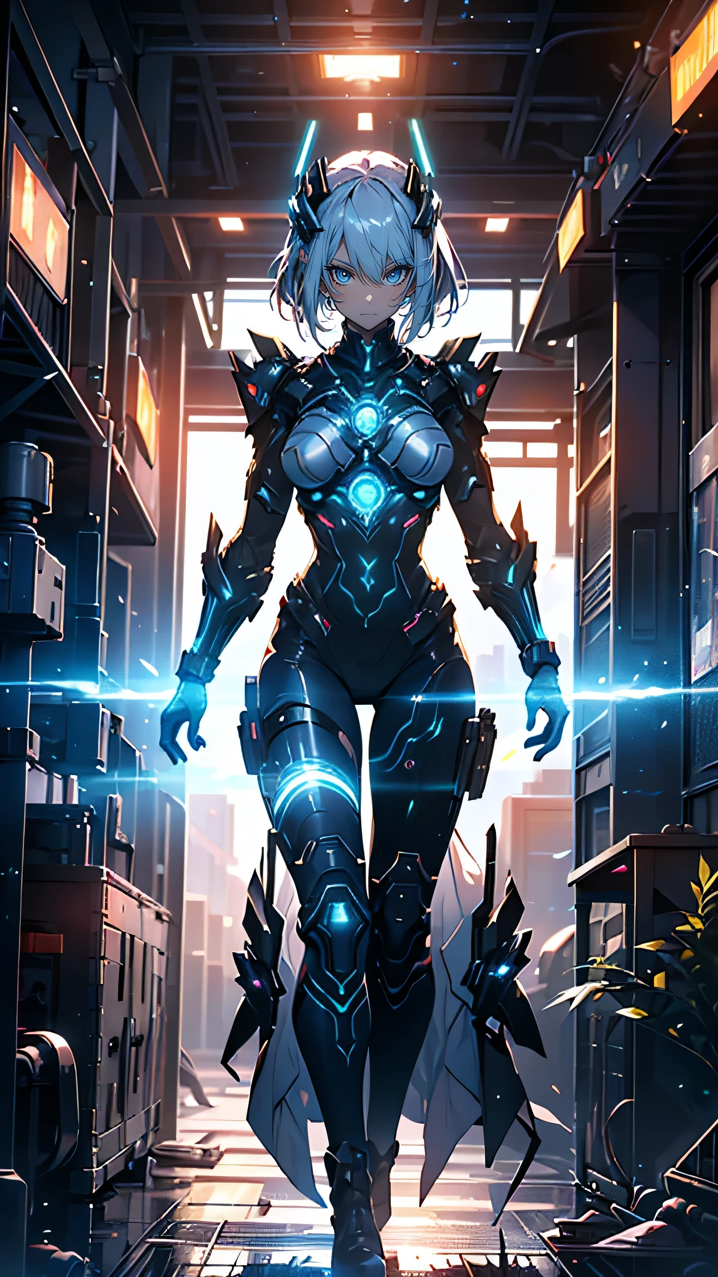 “A tall woman in her early thirties with short, sleek hair and a serious expression. She wears a tactical suit with an advanced biotechnological design, featuring glowing circuitry and energy lines running along her body. She is projecting an energy shield from her hands, creating a translucent barrier that protects her teammates. The background is a high-tech facility with glowing walls and metallic surfaces, indicating her connection to advanced biotechnology. Her posture is protective, standing between her team and danger.”
Details:
• Emphasize her biotechnological shield ability with a glowing energy barrier.
• High-tech facility setting with glowing elements.
• Protective and serious personality, standing guard over her team.