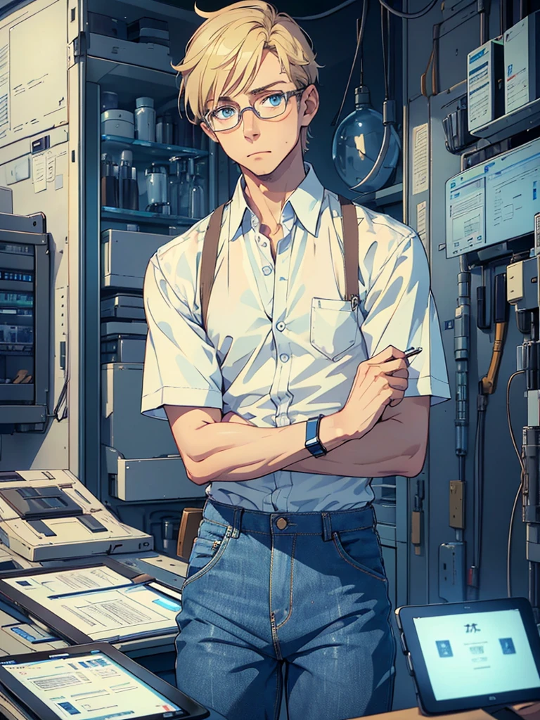 masterpiece, high quality, male, mid-30s, (upper body), sitting, ((holding tablet)), tall, average, nerdy, short blond hair, blue colored eyes, (glasses), looking worried, looking sad, wearing white shirt, [(unbuttoned) waistcoat : 3], cargo jeans, wristwatch, futuristic lab