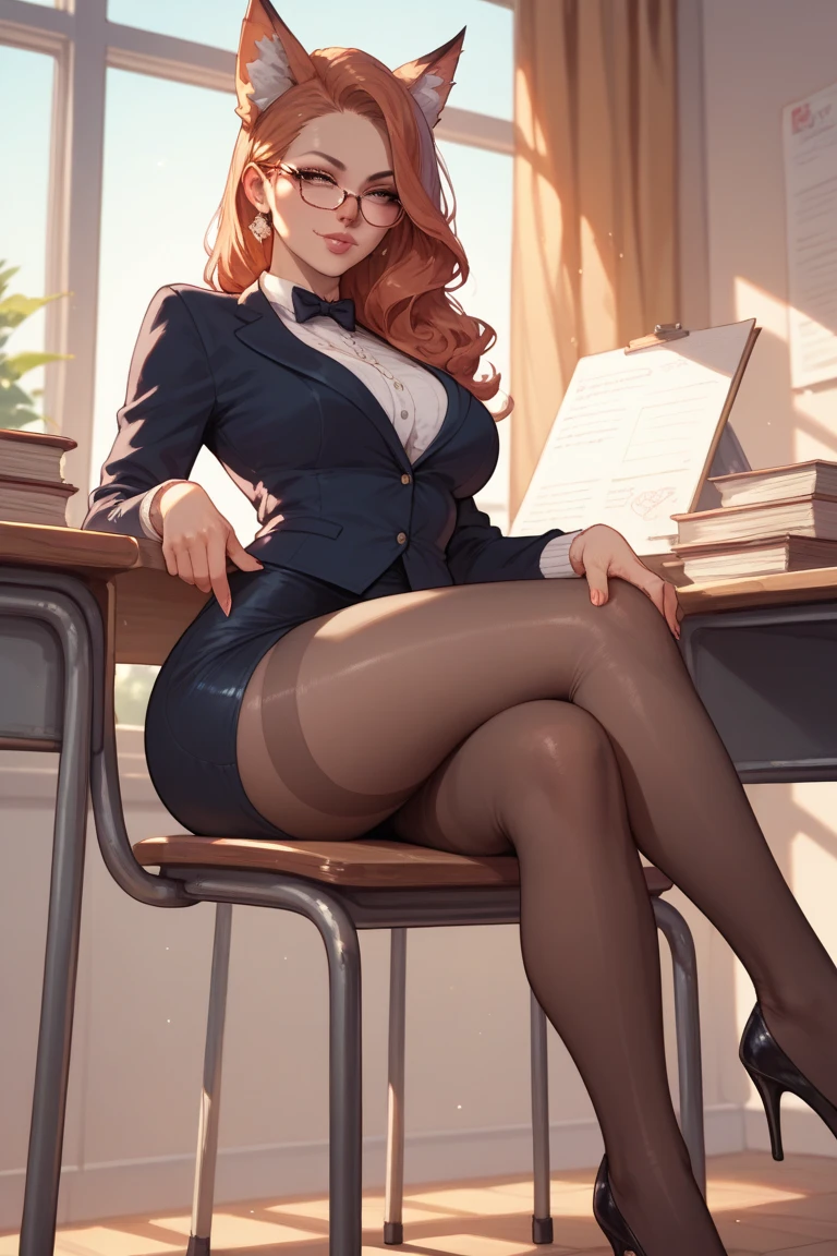  teacher in class, in teacher desk, elegant clothes, sitting in chair near her desk, in front of her class, wide hips. tight legs,kitsune, sexy glasses, tights on legs