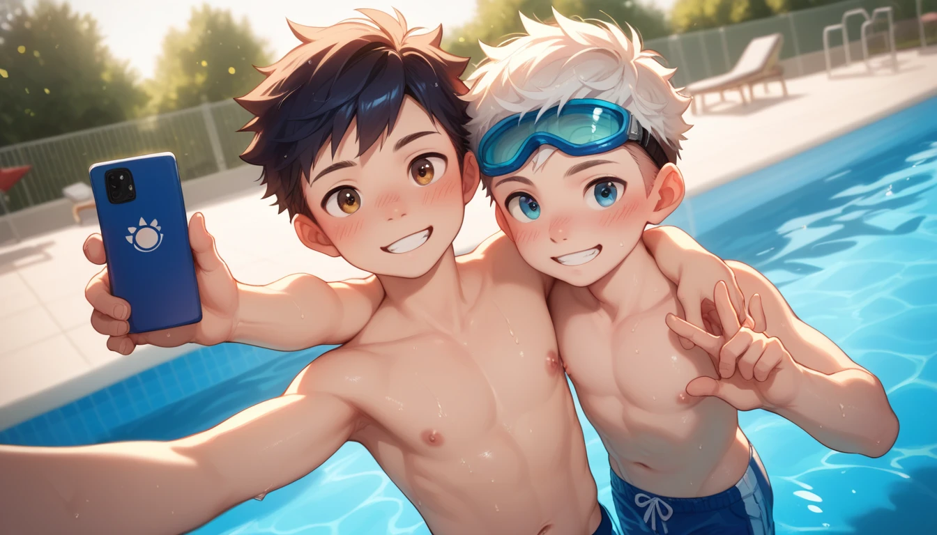 Two handsome cute kiid little young boy 5yr,kiidnap,delicious expression,blush,messy short hair,from front,in public pool,kiid face,wearing pants swimming,wearing swimming goggles,1selfie in pool,fullbody,HD,4k,8k,dynamics lighting,perfect lighting,realistic