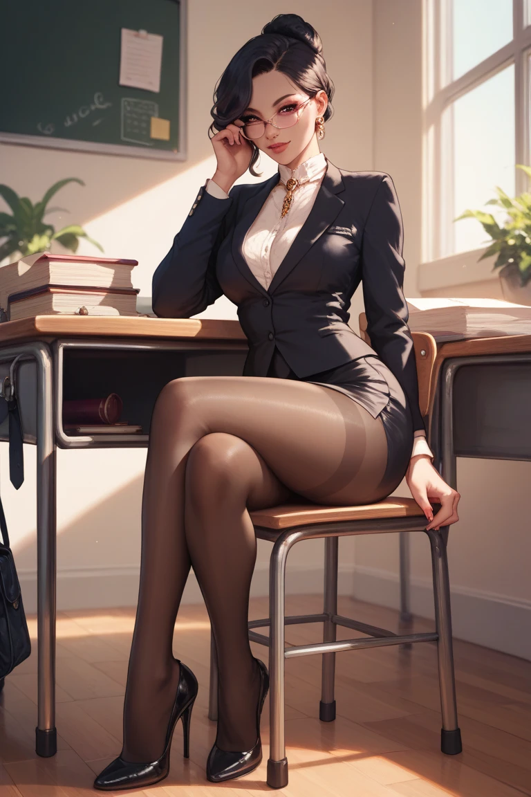  teacher in class, in teacher desk, elegant clothes, sitting in chair near her desk, in front of her class, wide hips. thicc legs,kitsune, sexy glasses, tights on legs