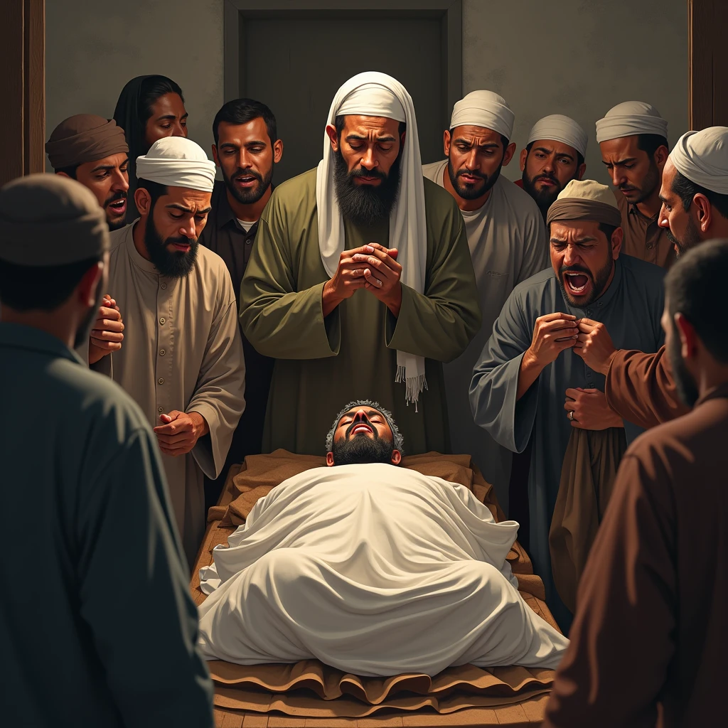 A Muslim man has died, and many Muslim people are crying around him, in the morning