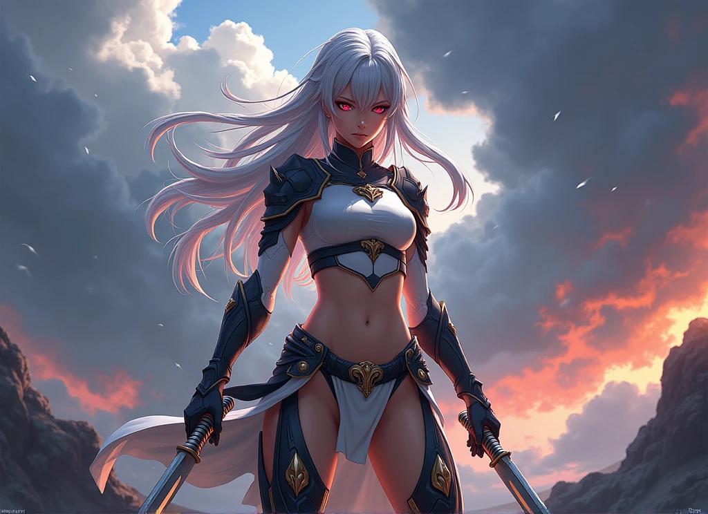 (Detailed illustrations,Very detailed and detailed drawing,Delicate lines with slow and rapid,Realistic texture expression),[Color tressed main line],(Fantasy World Battlefield Background [Burning castle]),(GIRL ROBOT  (White Devil [METALFACE] (SKINNY)) [WEAPON MACHINE][milky],[BODY with EDGE [Transparent material]],[use an ax as a weapon],[[Mobile Weapon Gigant Size][Science Fiction Mechanical]],(Pearl luster on the body surface),(Intricate and beautiful decoration [Dense detail]),(Precisely drawn face)[Perfect eye details(Iris beautifully drawn in every detail)[Jewel-like eyes]],[long and beautiful eyelashes],[Meticulously drawn hair [More on beautiful and shiny hair]],(Perfect hand details [Beautiful fingers without breakdowns [Beautiful nails]]),(Perfect Anatomy(Perfectly proportioned))[[full body portrait]],[Ideal color coordination(Accurate simulation of light-material interactions)],[Visual art that conveys a sense of narrative].