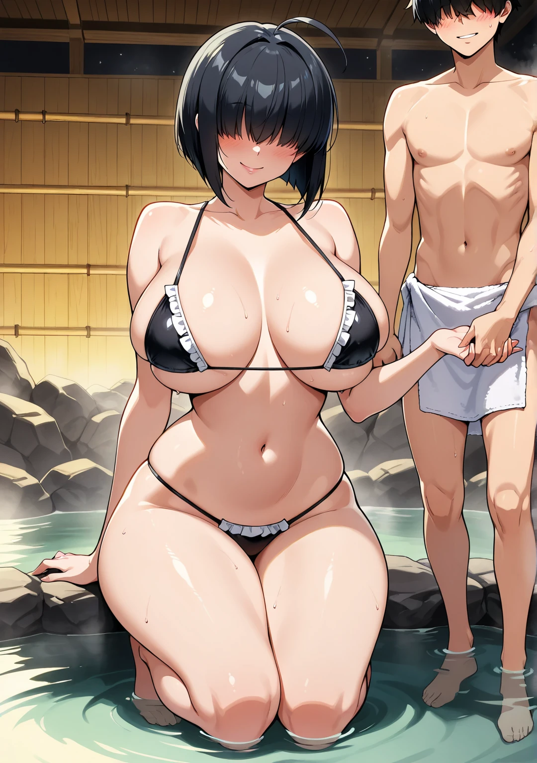  masterpiece   , necessary,     nude towel,    better quality   ,    tall details,    Not suitable for work , source_anime, A woman ( sexy full body  ,    big breasts,    thin waist  ,    Big Butt, inviting,    without straight lines   , blush,   seductive smile,    short hair, fringe,    black hair, Ahoge,  cut bob,  hair over the eyes , pose sexy, hot springs,  maid in naked bikini  ),   enjoying a sensual bath with an athletic and handsome boy , They are sweethearts ,   they are submerged in the water hugging each other and giving each other a tender kiss holding hands