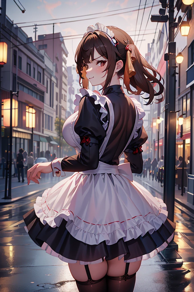 a cute shy femboy ,trap , sushang, long hair, twintails, darkbrown hair, big breasts,wearing a japan maid dress and black pantyhose ,wearing a maid shoes,red face ,embrassed ,smile,underbutt, annoyed, ass view, ass focus, standing in a city downtown at night time