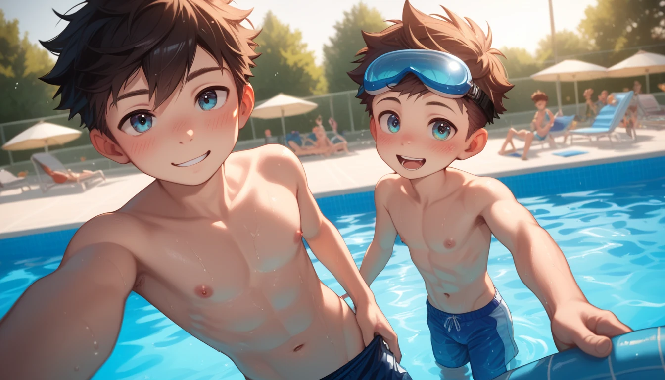 Two handsome cute kiid little young boy 5yr,kiidnap,delicious expression,blush,messy short hair,from front,in public pool,kiid face,wearing pants swimming,wearing swimming goggles,selfie in pool,fullbody,HD,4k,8k,dynamics lighting,perfect lighting,realistic