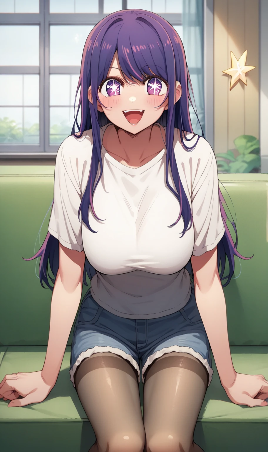 hoshino ai, purple eyes, purple hair, star-shaped pupils, symbol-shaped pupils, long hair, large breasts, t-shirt, white t-shirt, short pants, denim short pants, pantyhose,  blush, charming smile, open mouth, steam, indoor, livingroom, sofa, window, from front, looking viewer, masterpiece, best quality, high resolution, ultra-detailed, detailed background, anime,