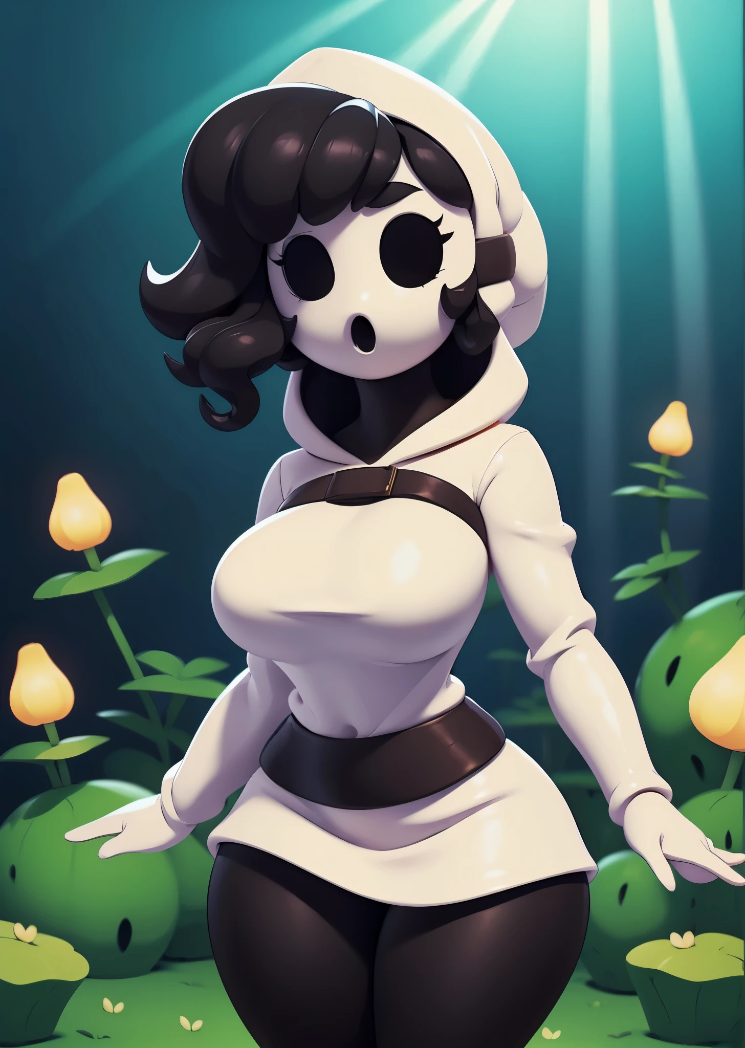 [shygal], ((masterpiece)), ((HD)), ((high resolution)), ((solo portrait)), ((waist up)), ((front view)), ((cartoon aesthetic)), ((beautiful rendering)), ((detailed shading)), ((intricate details)), {(attractive figure), (shy guy mask), (black eye holes), (mouth hole), (noseless), (curly black hair), (bulb bangs), (curvy hips), (beautiful legs)}, {(white hoodie), (white hood), (white skirt), (black leggings), (brown belts with gold buckles)}, {(standing)}, [ambient lighting, pond, sun rays]