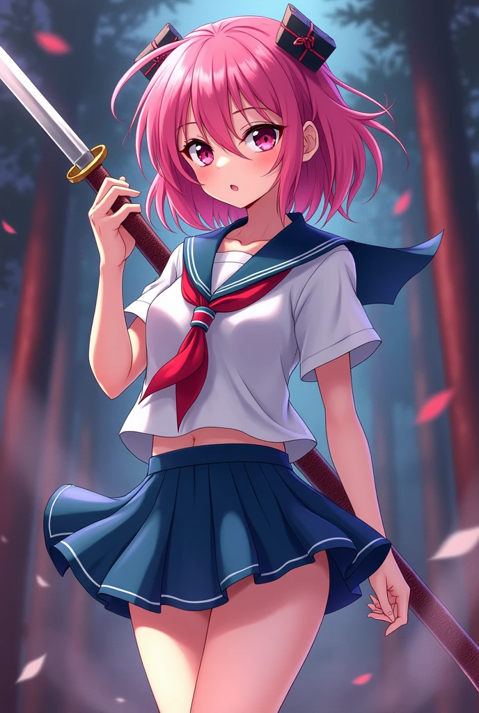 18-year-old,shiny navy hair,short hair,Parted bangs,Yellow Eyes,Large Breasts,Small waist,Big Ass,,A feminine and soft figure, , See-through sailor suit,Navy blue mini skirt,Black underwear, ,Large Japanese sword,Covered in body fluids,Battle with the Red Demon,Defeated and with torn clothes,,Semen drips from the crotch