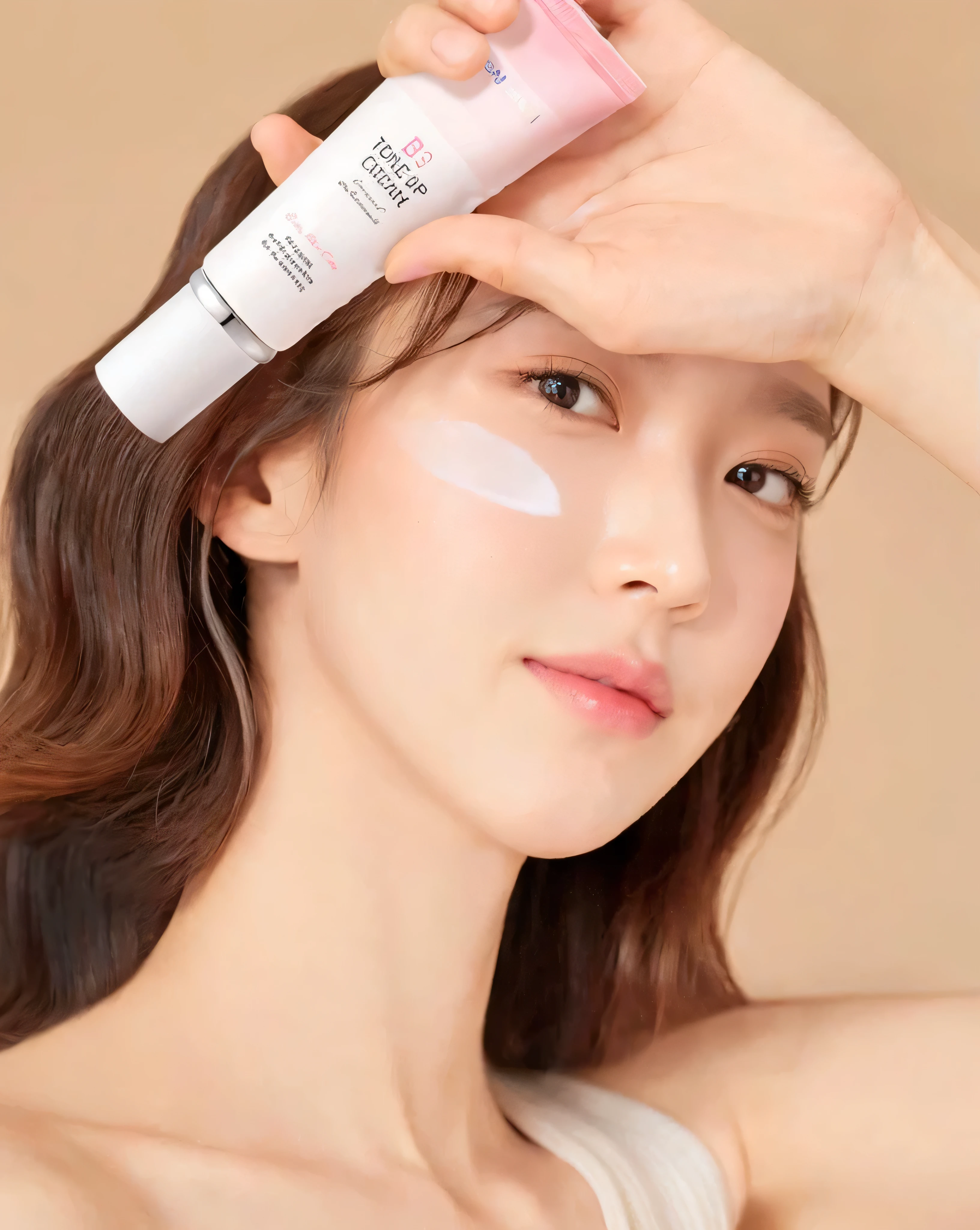 A woman holding a tube of cream over her head, popular south korean makeup, popular korean makeup, milky white skin, clear smooth face, jinyoung shin, skincare, smooth glowing skin, photoshoot for skincare brand, creamy skin, soft bright skin, heonhwa choe, face cluse - up, bae suzy, skin care, shin min jeong, lee ji - eun.
Masterpiece, ultra detailed, realistic, photo realistic, high detail RAW color photo, professional photograph, extremely detailed, finely detail, lens flare, Dynamic lighting, 8K, RAW Photo, Best High Quality, Masterpiece: 1.2, Ultra HD: 1, High Detail RAW Color Photo, Pro Photo, Realistic, Photo Realistic: 1.5, Live Photo, Super detailed, Masterpiece, Real Skin, Realistic Skin, Realistic HD Eyes, Highly detailed Eyes, Perfect Eyes, Perfect face, Perfect fingers, extremely detailed face, extremely detailed eyes, extremely detailed skin, perfect anatomy.