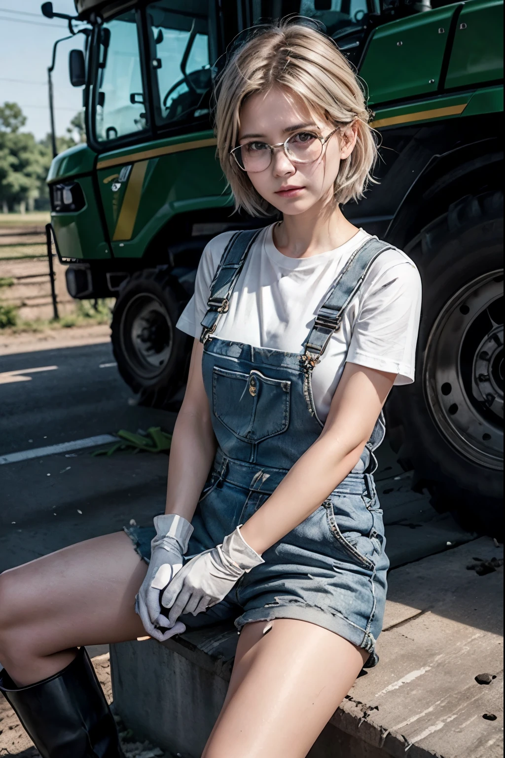 Tractor、John Deere 6605 、Farmer、 white t-shirt 、 overalls 、 white work gloves 、 black short boots 、She has silver semi-short hair and wears her hair on one ear、Glasses