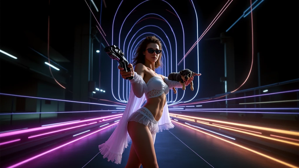 (best quality,4k,8k,highres,masterpiece:1.2),ultra-detailed,(realistic,photorealistic,photo-realistic:1.37),vibrant colors,electronic music background,full color,photo,poster,fashion,abstract design,modern style,dynamic energy,energetic atmosphere,striking visual effects,pulsating rhythm,creative visuals,stylish composition,glowing lights,futuristic elements,technological elements,synthesizer,turntables,CDJs,headphones,neon lights,glittering disco ball,dancing crowd,stylishly dressed models,(((black sunglasses, medium-breast:1.2))),eclectic fashion choices,colorful patterns,shimmering fabrics,sharp lines,mirror reflections,playful poses,dynamic movement,dynamic light and shadow,dazzling visual spectacle,artistic expression,electric ambiance,multimedia experience, cinematic lighting, lens flare, ray tracing