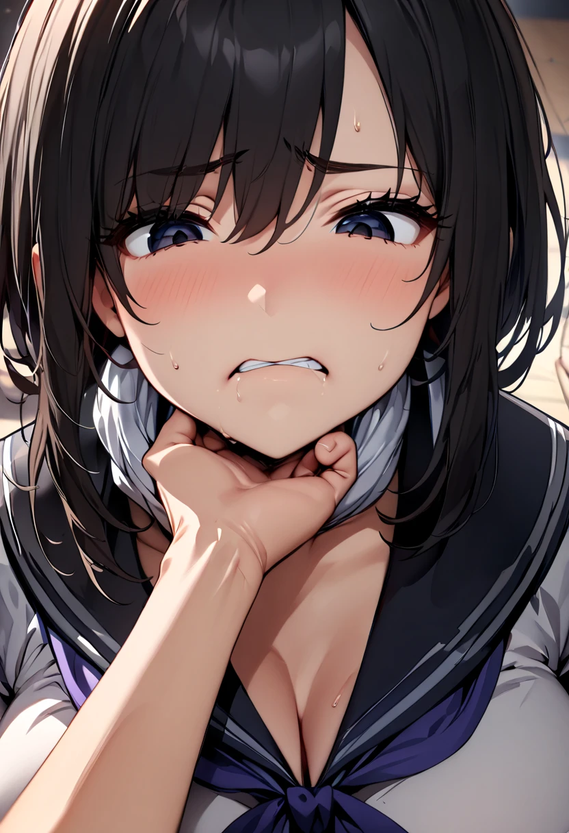 (  Masterpiece  ,   top quality:1.2), 1 girl, Alone,  expressive eyes,  squirm on the floor and look above, ((( looking at the camera))),  Female College Student,  Short Black Hair , ((( perfect face girl who wraps a neckerchief directly around her neck))), Big tits uniform, Troubled face, (Looking down), (((face shot))), (POV hand), (((POV grab your chin )))