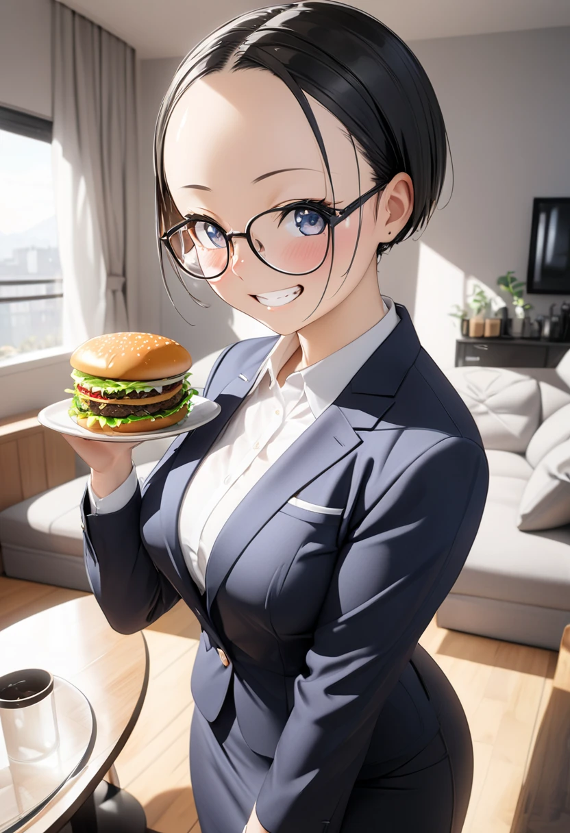 ponytail, blazer, Eat a sandwich