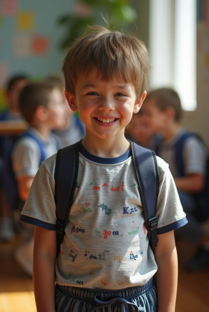 photograph of a boy with fair skin and short, slightly disheveled brown hair with straight bangs framing his face. He has large, forward-pointing ears and faces the camera with a neutral expression. The boy stands in front of a decorated green chalkboard, centered in the frame. He is wearing a clean white button-down shirt with a distinctive dark gray stripe down the center front and long sleeves. The shirt has a standard collar and a left breast pocket. The apprentice has short brown hair and smiles slightly as he looks into the camera. His teeth are partially visible, creating a friendly expression.
On top of the board are two cut-out figures: a child in blnts holding a bouquet of flowers, and another in a blue dress with white stockings and black shoes, both with white socks and black Mary Jane shoes. The decorations are attached to the board with colorful magnetic parts, including balloons and bells. The chalkboard itself has visible white marks or lines. The overall mood of the image is festive and cheerful