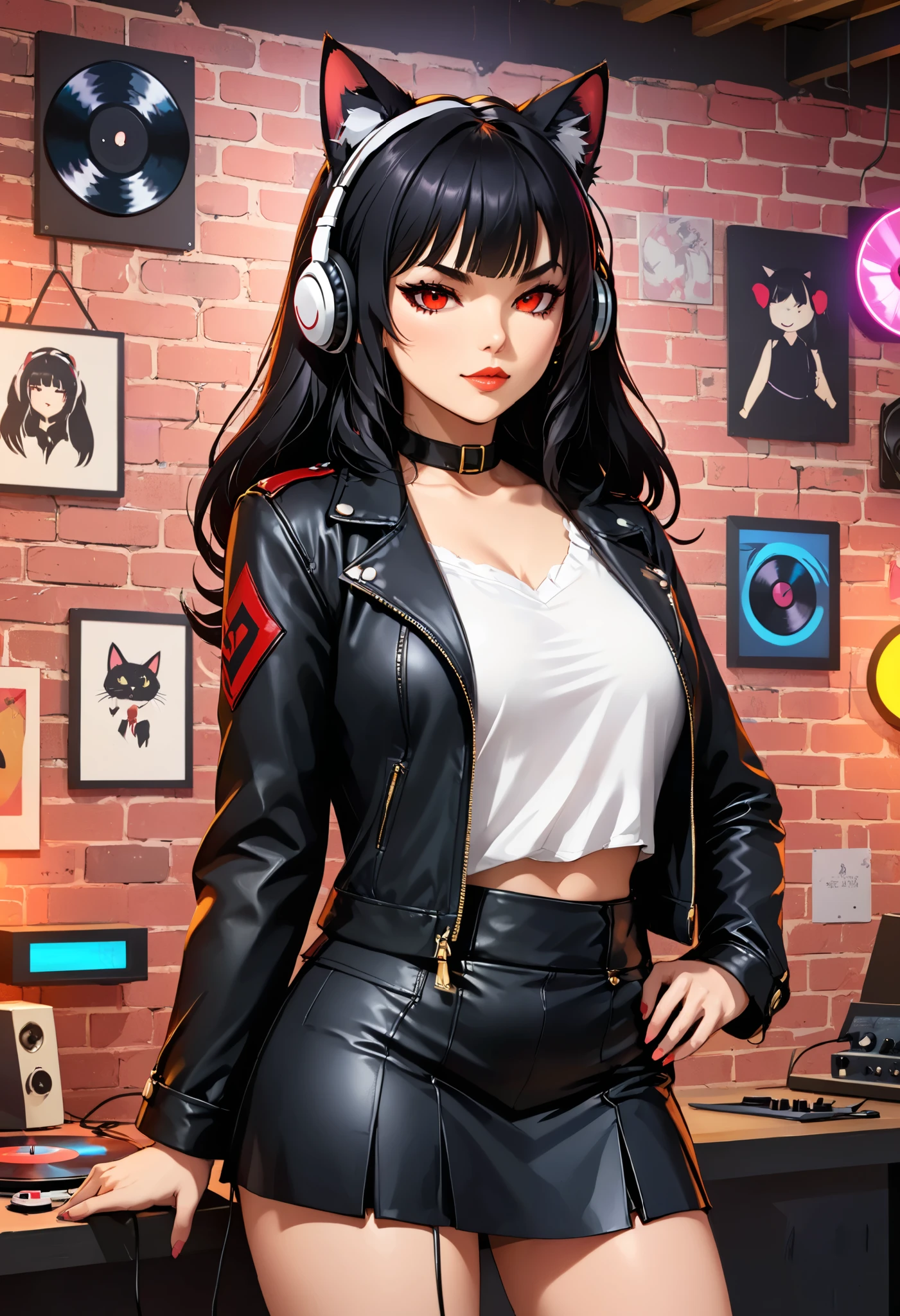  score_9,  score_8_above,  score_8, 1 girl, mature female, Alone, junkotvvxl, black hlong hair ,  straight bangs , large headphones ,cat ears, red eyes,source_animated, mini leather skirt,  thick thighs,  wide hips , casual black clothes,white blouse, brasier,  black leather jacket  , with a background of ( vinyl records on a brick wall), music studio ,(neon lights), ( stylized collage ), ( LegendDarkFantasy ,, memphisstyle-6750 )