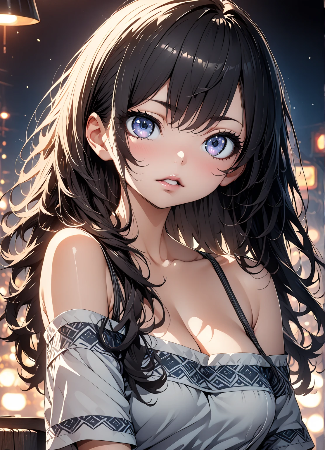 ((Highest quality)), ((masterpiece)), (detailed), Ultra HD、8k, (Cinema Lighting)、(Anime illustration)、(looking at the camera)、(front)、(Face Up)、Perfect Face、detailedな顔、detailedな目、(Long Hair、Brown Hair、bangs、straight)、detailedな髪、Cute Girls、(Off-the-shoulder shirt、Gorgeous pattern)、Seductive lips、Cleavage、Fine skin、night