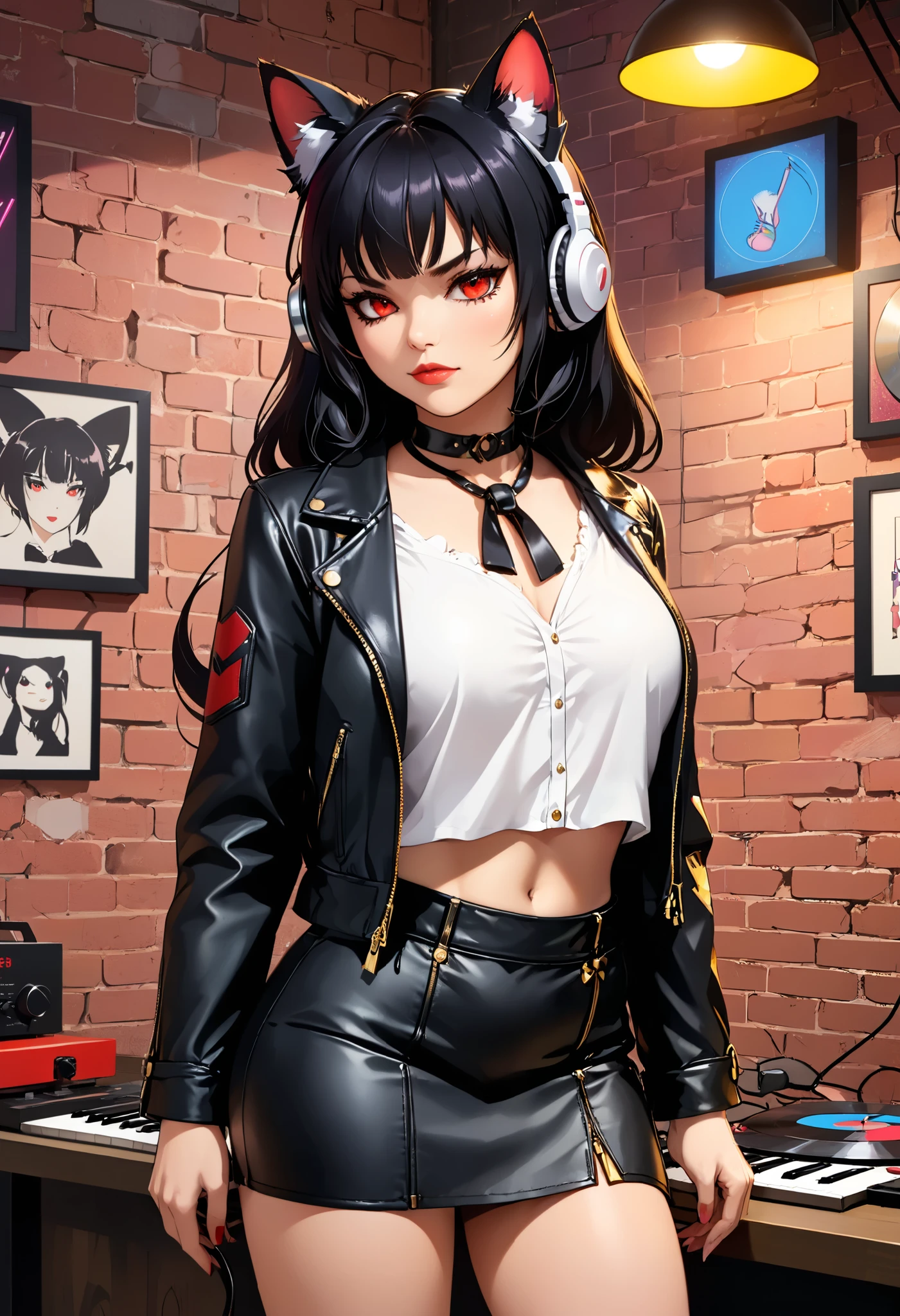  score_9,  score_8_above,  score_8, 1 girl, mature female, Alone, junkotvvxl, black hlong hair ,  straight bangs , large headphones ,cat ears, red eyes,source_animated, mini leather skirt,  thick thighs,  wide hips , casual black clothes,white blouse, brasier,  black leather jacket  , with a background of ( vinyl records on a brick wall), music studio ,(neon lights), ( stylized collage ), ( LegendDarkFantasy ,, memphisstyle-6750 )