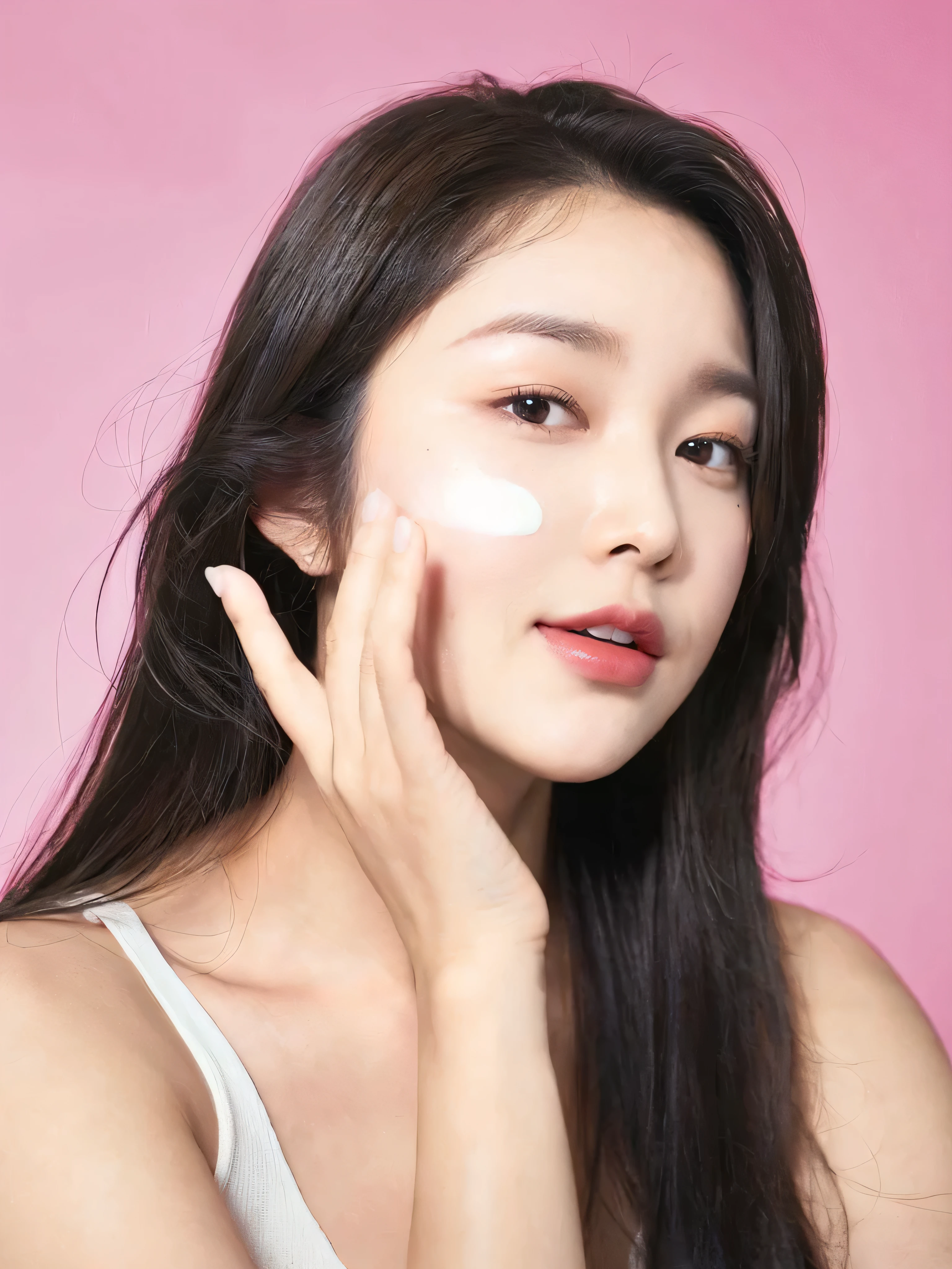 An arafed asian woman applying cream on her face with a pink background, photoshoot for skincare brand, gongbi, milky white skin, skincare, popular south korean makeup, bae suzy, heonhwa choe, smooth glowing skin, popular korean makeup, clean face and body skin, lee ji - eun, lee ji-eun, choi, clean face.
Masterpiece, ultra detailed, realistic, photo realistic, high detail RAW color photo, professional photograph, extremely detailed, finely detail, lens flare, Dynamic lighting, 8K, RAW Photo, Best High Quality, Masterpiece: 1.2, Ultra HD: 1, High Detail RAW Color Photo, Pro Photo, Realistic, Photo Realistic: 1.5, Live Photo, Super detailed, Masterpiece, Real Skin, Realistic Skin, Realistic HD Eyes, Highly detailed Eyes, Perfect Eyes, Perfect face, Perfect fingers, extremely detailed face, extremely detailed eyes, extremely detailed skin, perfect anatomy.