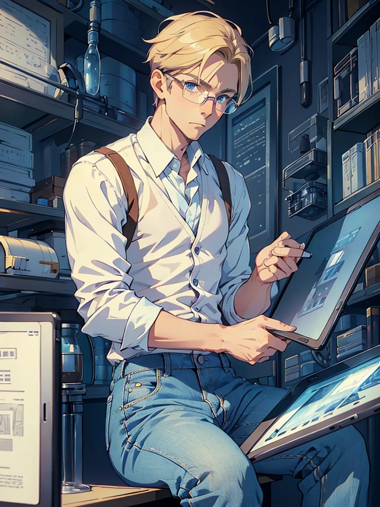 masterpiece, high quality, male, mid-30s, (upper body), sitting, ((holding tablet)), tall, average looking, nerdy, short blond hair, blue colored eyes, (glasses), looking worried, looking sad, wearing white shirt, [(unbuttoned) waistcoat : 3], cargo jeans, wristwatch, futuristic lab