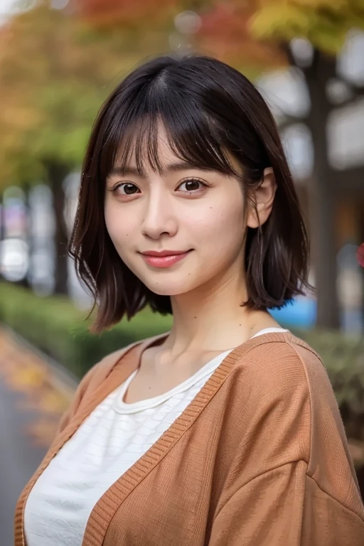 (masterpiece, best quality, perfect anatomy, highres, 8k, realistic, photorealistic, natural skin texture, no makeup:1.2), 1girl, solo, Japanese, age20, very cute, (fullbody shot), erogao, jp idol, tanukigao, shy smile, large breasts, (perfect figure), autumn, (autumn earth color clothes:1.5), in the shopping mall, (looking at viewer:1.5), natural lighting