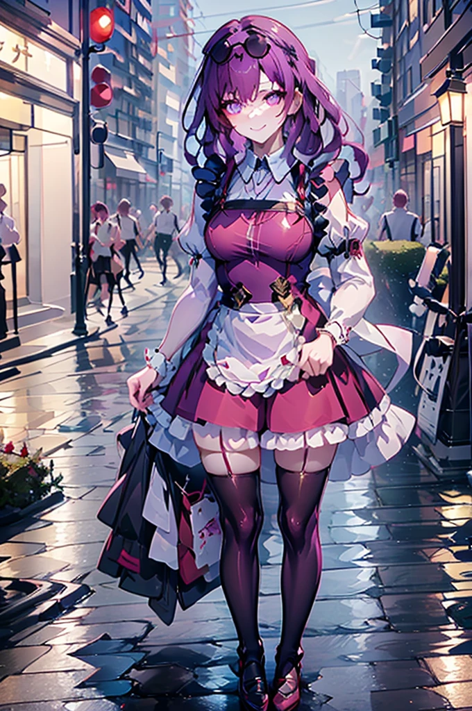 a cute shy femboy ,trap ,kafka hsr ,long hair, purple hair,purple eyes,eyewear on head,wearing a japan maid dress and black pantyhose ,wearing a maid shoes,red face ,embrassed ,smile, standing in a city downtown at night time