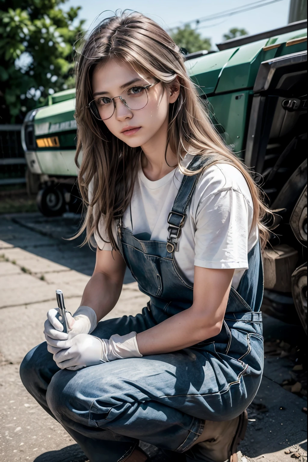 John Deere 6605 、Farmer、 white t-shirt 、 overalls 、 white work gloves 、 black short boots 、 silver semi-long hair with hair hanging over one ear、Glasses