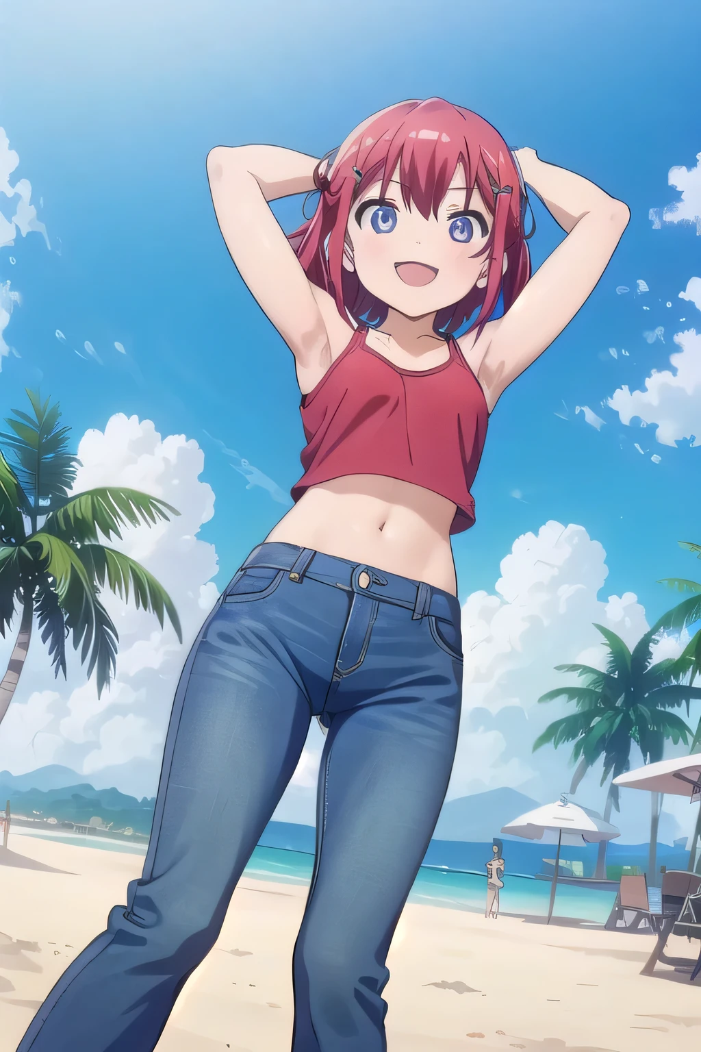 masterpiece,best quality,ultra detail,1girl, 14yo,petite, smile happily,background((under the beach, (day:1.2), under sand beach, bright sky)), kanzaki tomoyo, red hair, Raise your arms and bring them behind your head, yellow tank top, yellow crop top, jeans, blue pants, (flares jeans 1:1), blue jeans, sex pose, (legs spread:3:1), orgasm, from below