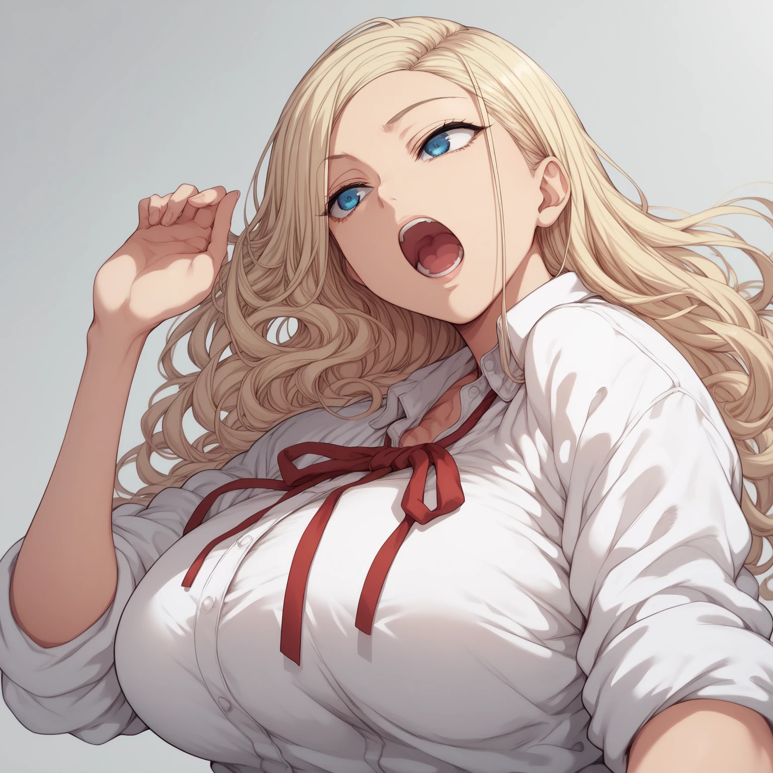 , open mouth,
Alone,
ReinaKurashiki, 1 girl , blonde hair, long hair, blue eyes,
 Big Breasts ,
 white shirt,Red Ribbon, rolled up my sleeves,