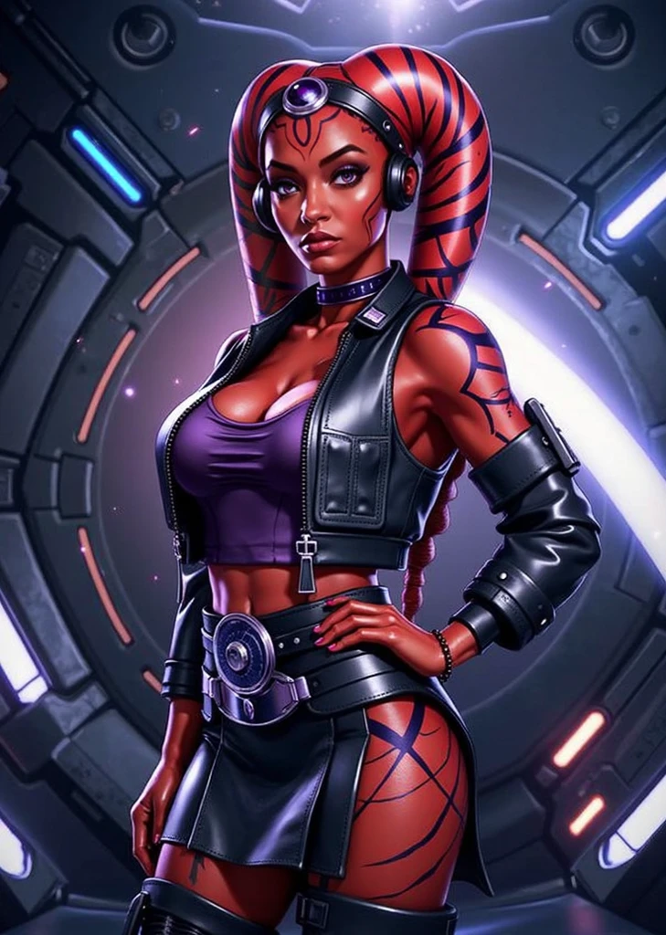 1girl, busty, masterpiece, best quality, high-definition, ((red skin), twi'lek), evil space knight, space ninja, (wearing black tank top, panties, socks, ((busty)), slender body, thin, slim sexy body, slim waist, (((huge breasts)))), futuristic apartment,, Star Wars, boobsandwarlock