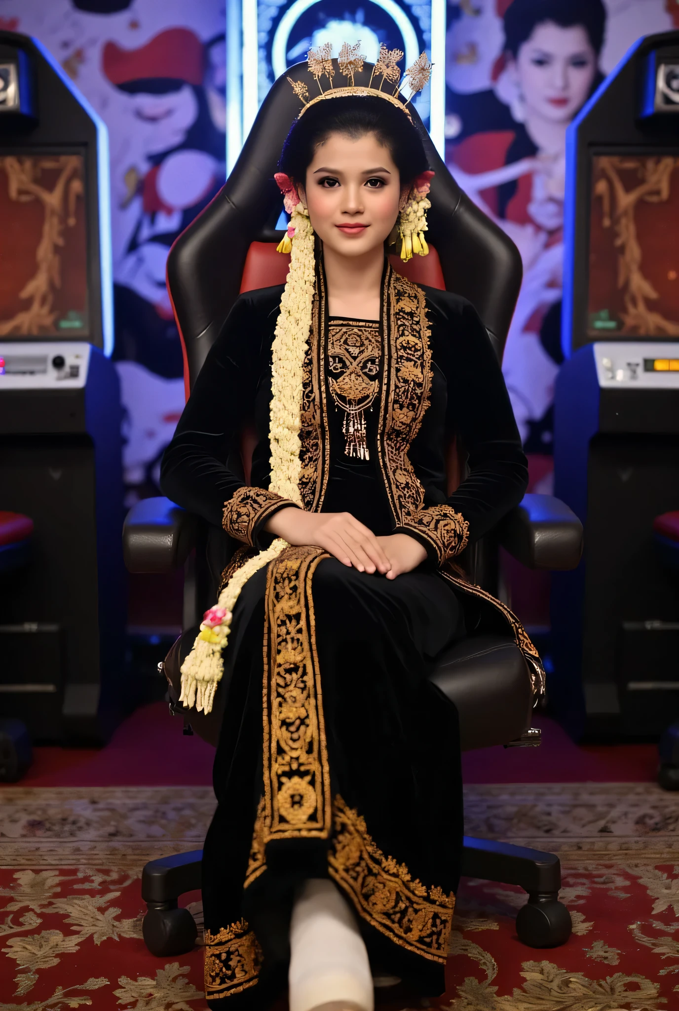  Indonesian-asian girl Traditional Asian Javanes Dress Long Sleeves Hiitam Color. black long skirt.  sitting on game chair . white shoes. cross legs .  Full room background with LED light . Detailed finger finger .  Very detailed hand.  Rough color CCTV footage . Warm light .