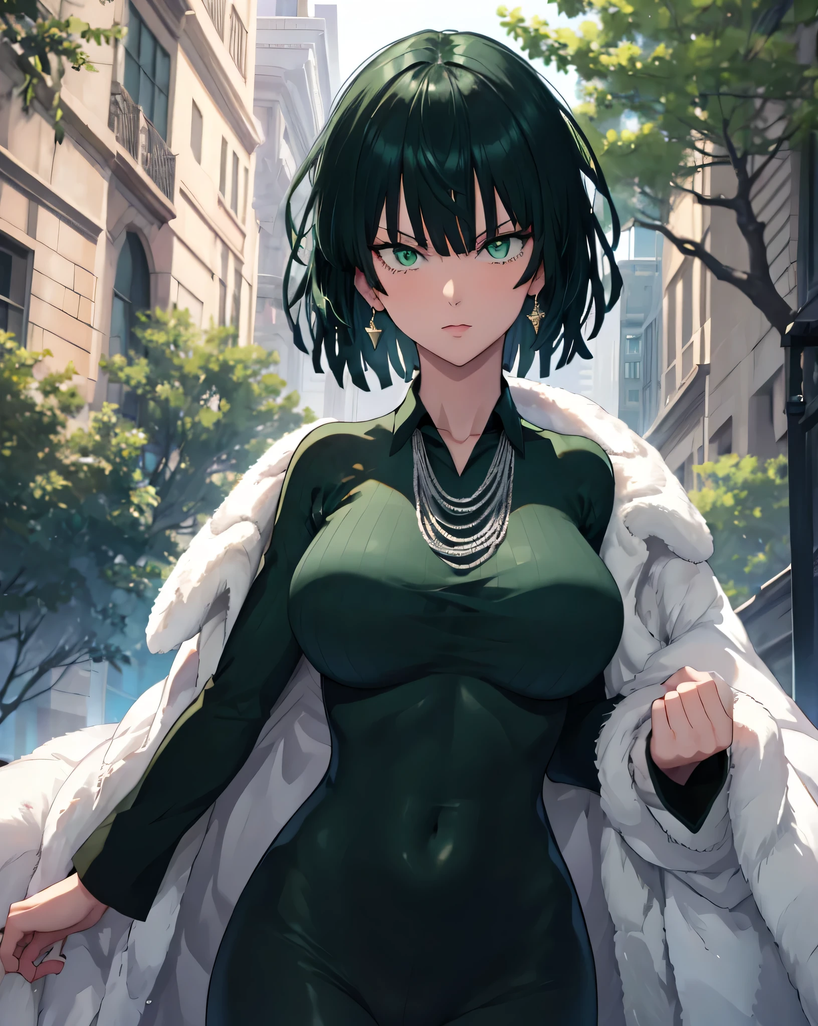 masterpiece, best quality, absurdes, 1woman, 1girl, solo, fubuki, short hair, green hair, blunt bangs, green eyes, massive breasts, green bodysuit, latex bodysuit, long sleeves, fur coat, tights, leggings, natural shading, lighting, detailed fingers, detailed face, perfect body, high resolution, 8k uhd, outdoors, forest,