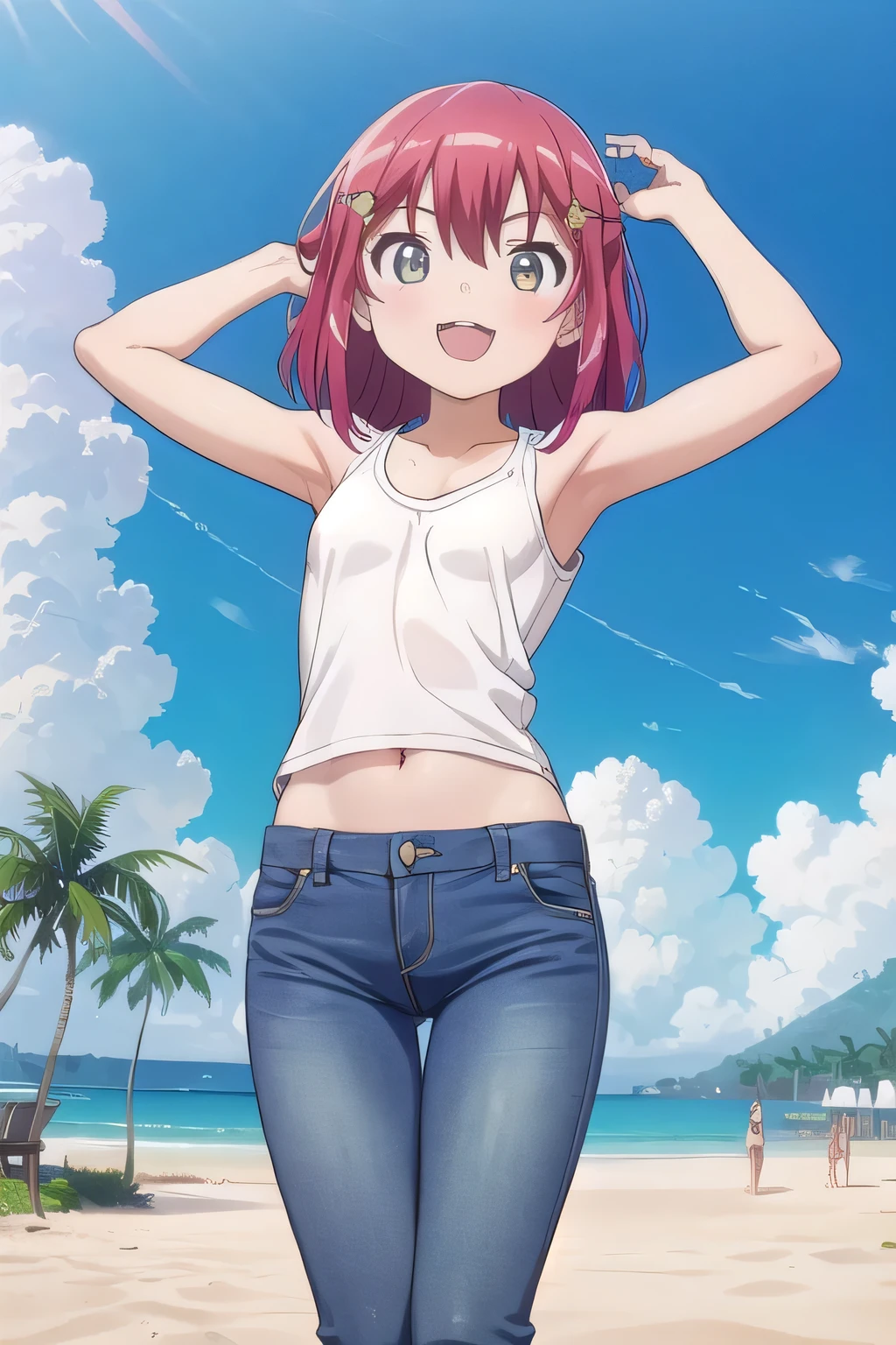 masterpiece,best quality,ultra detail,1girl, 14yo,petite, smile happily,background((under the beach, (day:1.2), under sand beach, bright sky)), kanzaki tomoyo, red hair, Raise your arms and bring them behind your head, yellow tank top, yellow crop top, jeans, blue pants, (flares jeans 1:1), blue jeans, sex pose, (legs spread:3:1), orgasm, from below