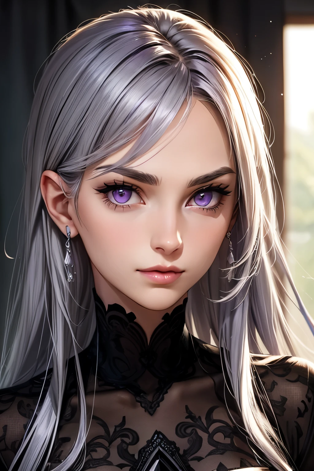 (slim), (sexy mouth), (gray hair) (purple eyes), (perfect nose),