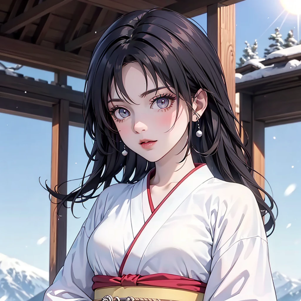  masterpiece ,  better quality ,  colored image ,Hi-Nothing, source_animated, (Good_hands:0.9) , 1 girl,  silver eyes , focused eyes,  black cabello, long hair, white kimono,  big breasts,  muscular body ,  looking at viewer , stand uping, from front.stand up, outdoor, Mountain top ,snowy background, luz ,  shiny, oily skin, blush,  dramatic shadows , solar cinematographic lighting, ( particles of light :0.8)