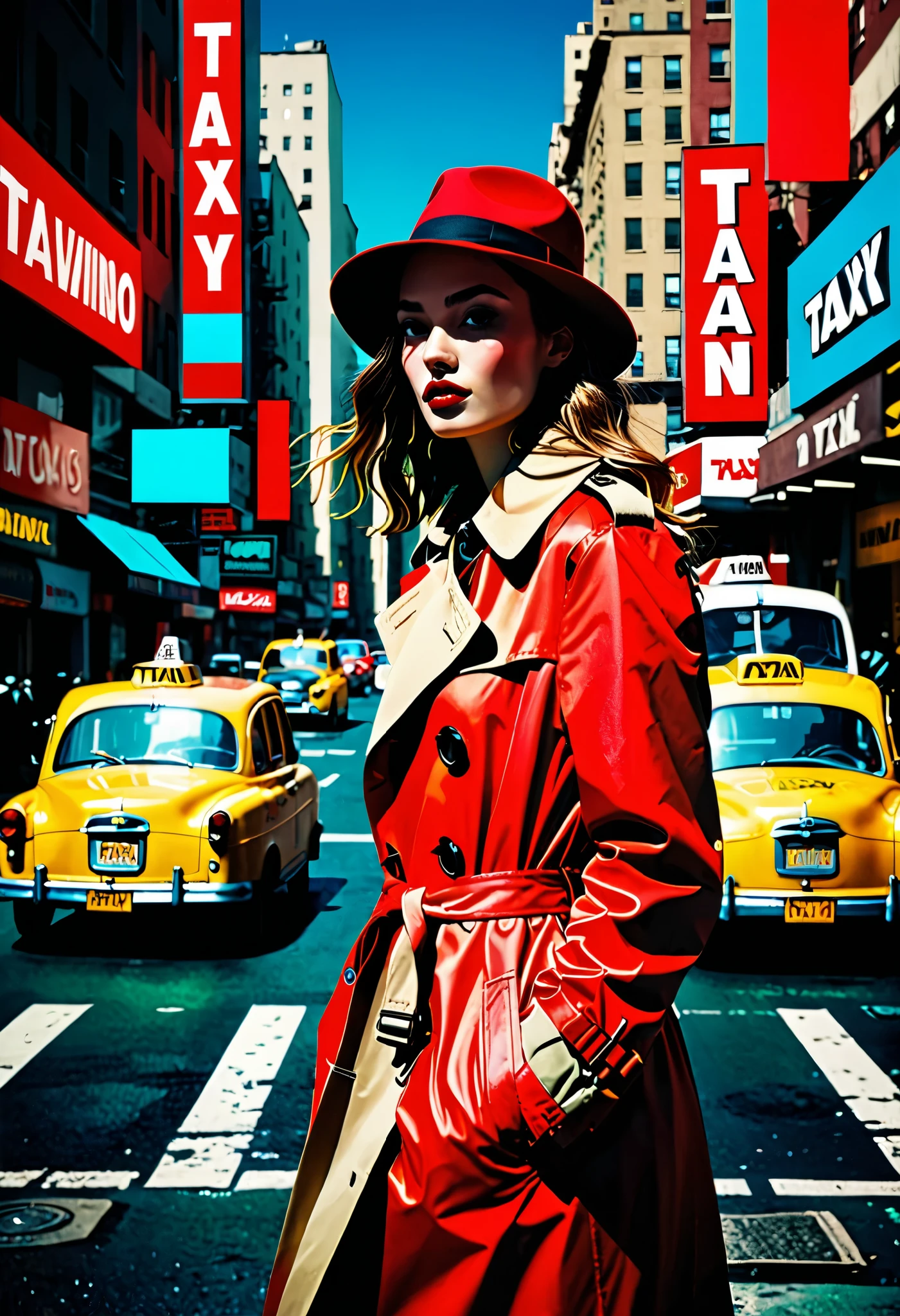 pop art,Decalcomania,bold colors,vibrant color blocks,1girl,solitary traveler,long trench coat,red hat,expressionless face,high contrast,urban cityscape,vintage posters,taxi in motion,neon signs,shadows of pedestrians,loneliness amidst chaos